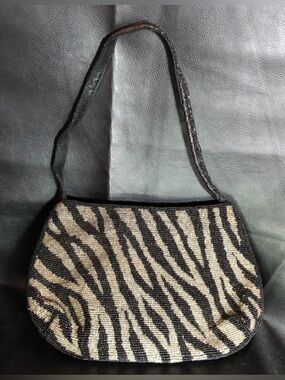 Vintage Beaded Purse Zebra Animal Print Glass Seed Bead Black Gray NOS 10x6